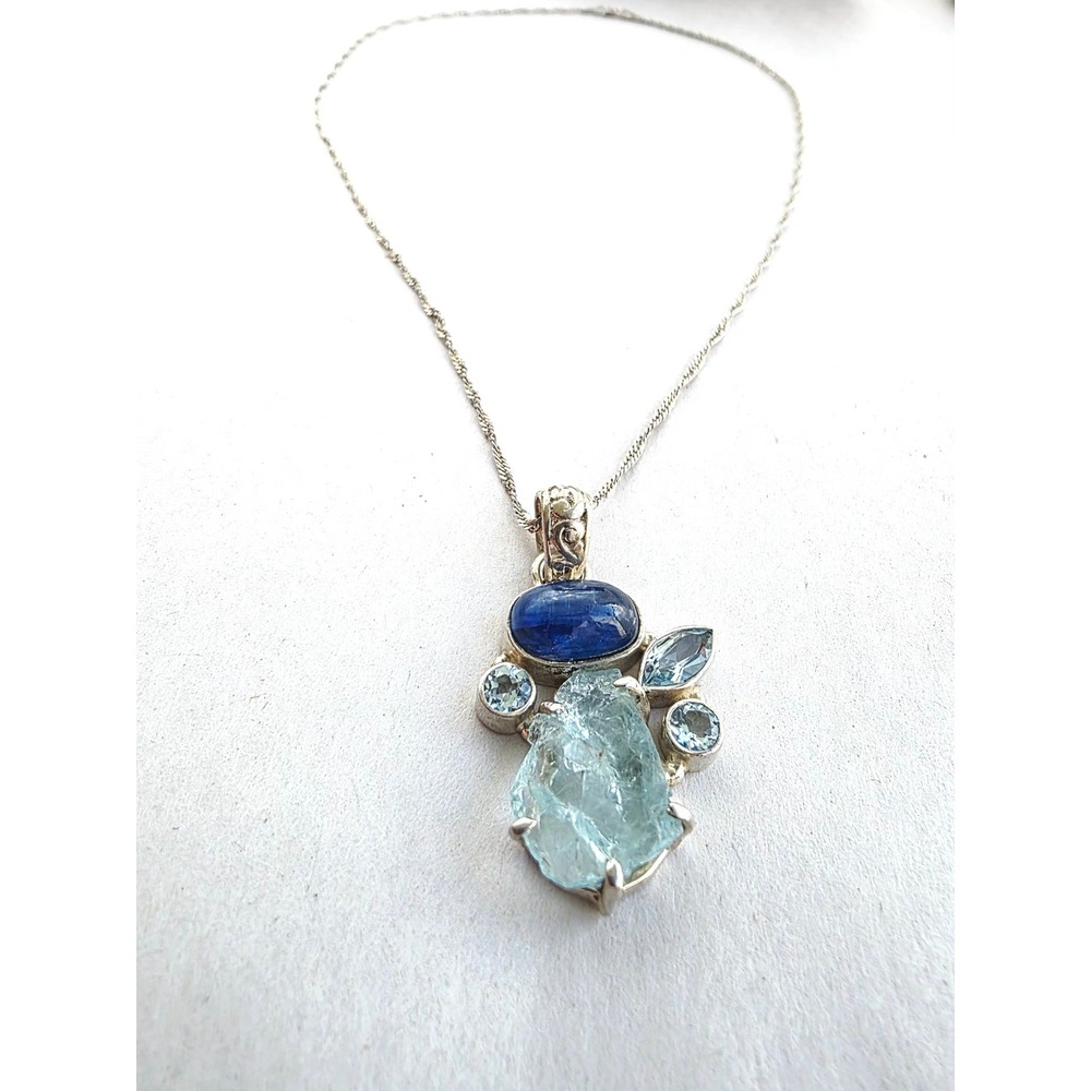 Sterling Silver 925 Raw Aquamarine Kyanite Blue Topaz Cluster Pendant Necklace